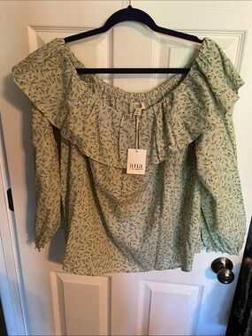 a.n.a Light Sage Green Floral Off-Shoulder Ruffle Blouse
